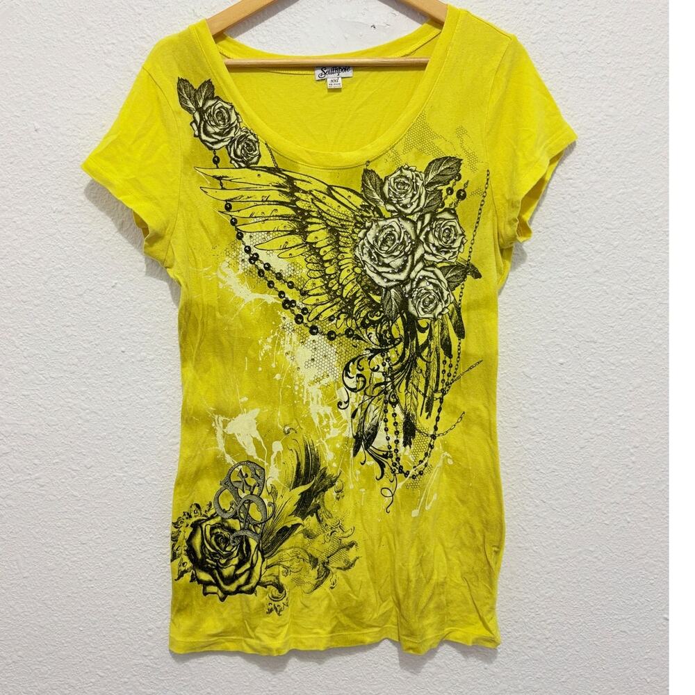 Vintage yellow y2k Southpole graphic t-shirt grunge alt bedazzled moto biker